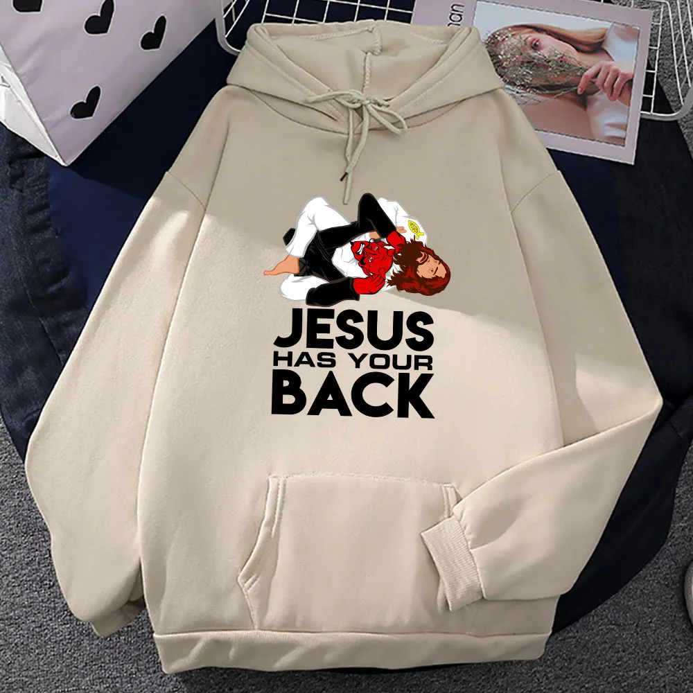 

Jiu Jitsu Retro Christian Vintage Hoodies Jesus Has Your Back Graphic Sweatshirts Long Sleeve Winter Hooded Pullover Warm Hoodie