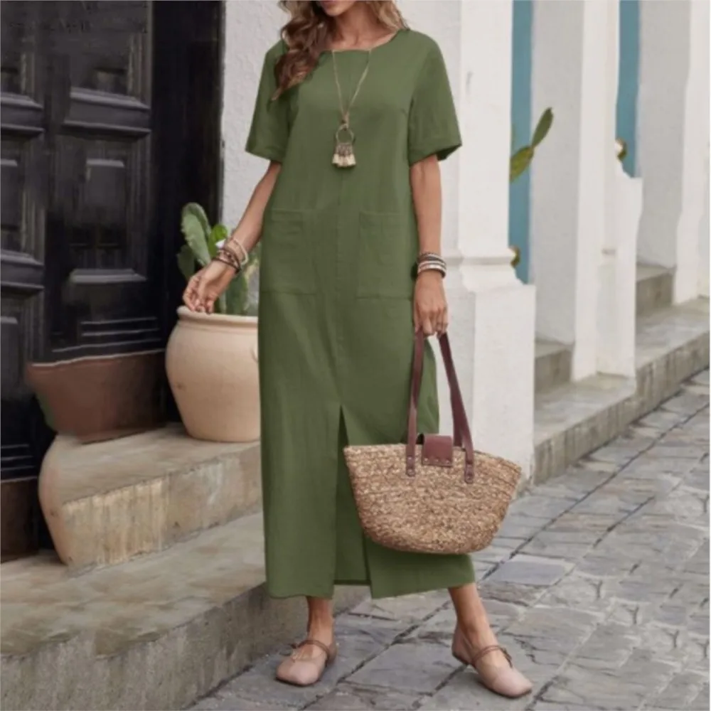 Summer Fashion Cotton Linen Solid Color O Neck Short-sleeved Dress Female Casual Loose Retro Simple Pocket Women's Long Dresses image 3