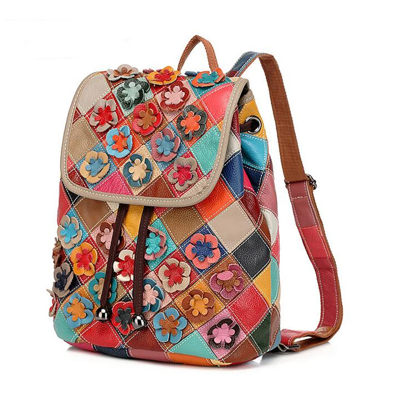 LOMANTINA Women Backpack Fashion Causal Flowers Colorful Patchwork Female Shoulder Bag Cow Leather Backpacks for Women Mochila