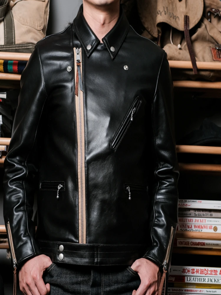 YR!Free shipping.SS02 classic British rider leather clothes 441 style heavy tea core Calfskin jacket.Luxury quality