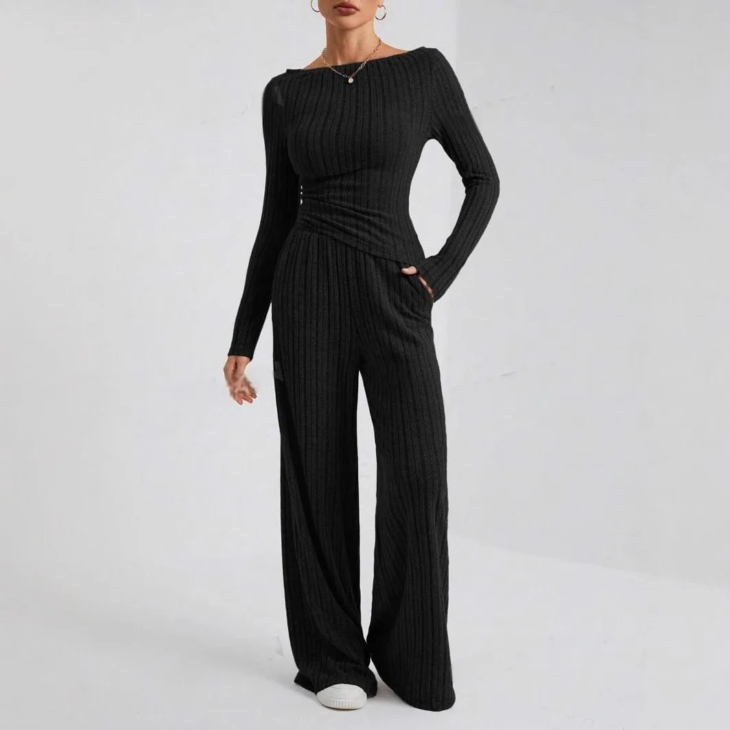 Casual Knitted Long Sleeve Pure Color Collar Set Women's Loose Pants Two Piece Set Fashionable Commute Style Four Seasons Wear