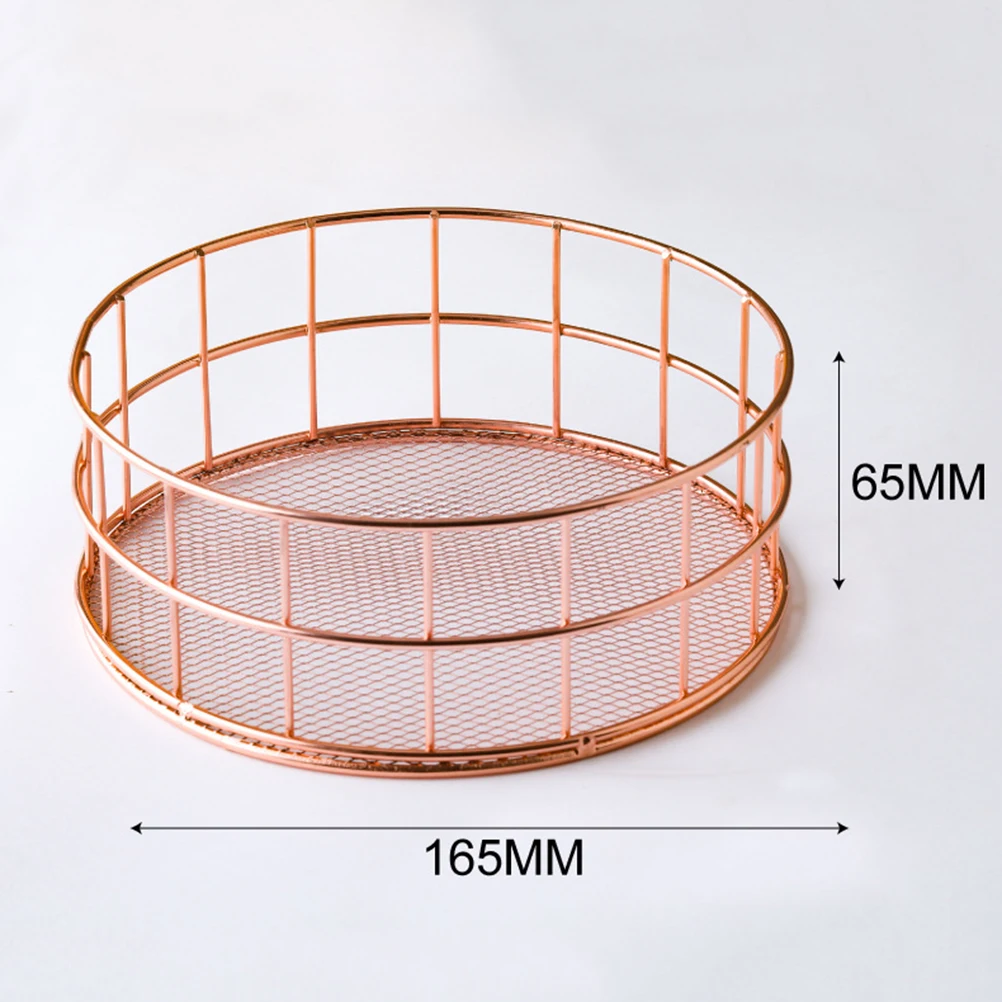 

1pcs Sturdy Iron Fruits Basket Desktop Organizer Decorative Storage Holder Round Rosy Gold For Home Office Cafe Use
