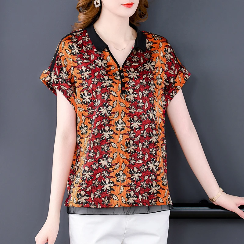 Summer Short Sleeve Floral Natural Silk Blouses Women Korean Fashion Light Top Coat 2024 Elegant Loose Waist Plus Size Shirts