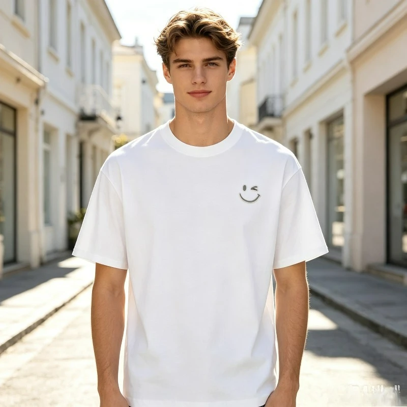 Men Streetwear T-Shirt Winking Smiley Face Print Small Chest Logo Basic Daily Casual Street Fashion Top