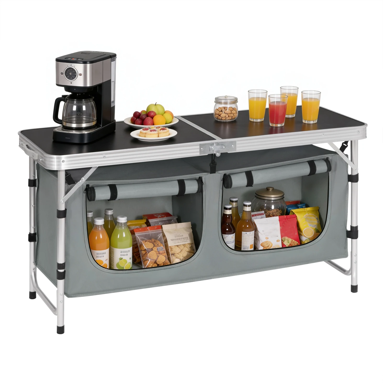 Folding Picnic Table Aluminum Suitcase Table with Storage Bag Cupboards Height-Adjustable Camping Table for BBQ Garden