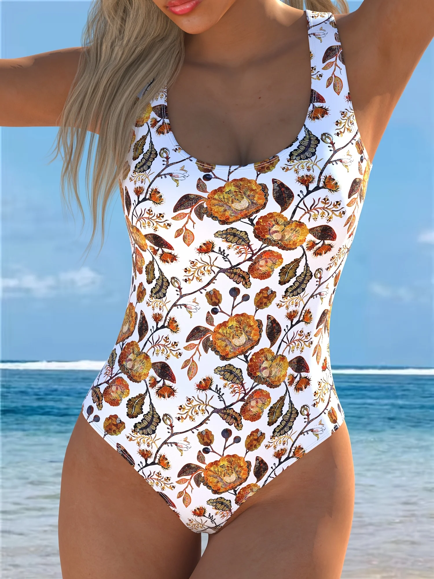 

Women's Sporty Elegant One-Piece Swimsuit High Elasticity Square Neck Floral Print Swimwear for Beach,Supportive Swim, Women