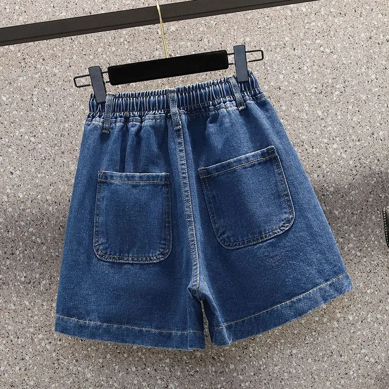 Female Korean High Waist Casual Drawstring Denim Shorts Summer Women\'s Clothing Fashion Pockets Spliced Loose Wide Leg Shorts