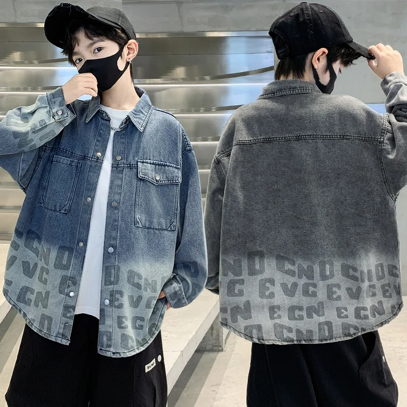 

New Kids Design Boys Letter Print Gradient Denim Jacket Spring Autumn Solid Color Casual Coat Children Cool Streetwear Outfit