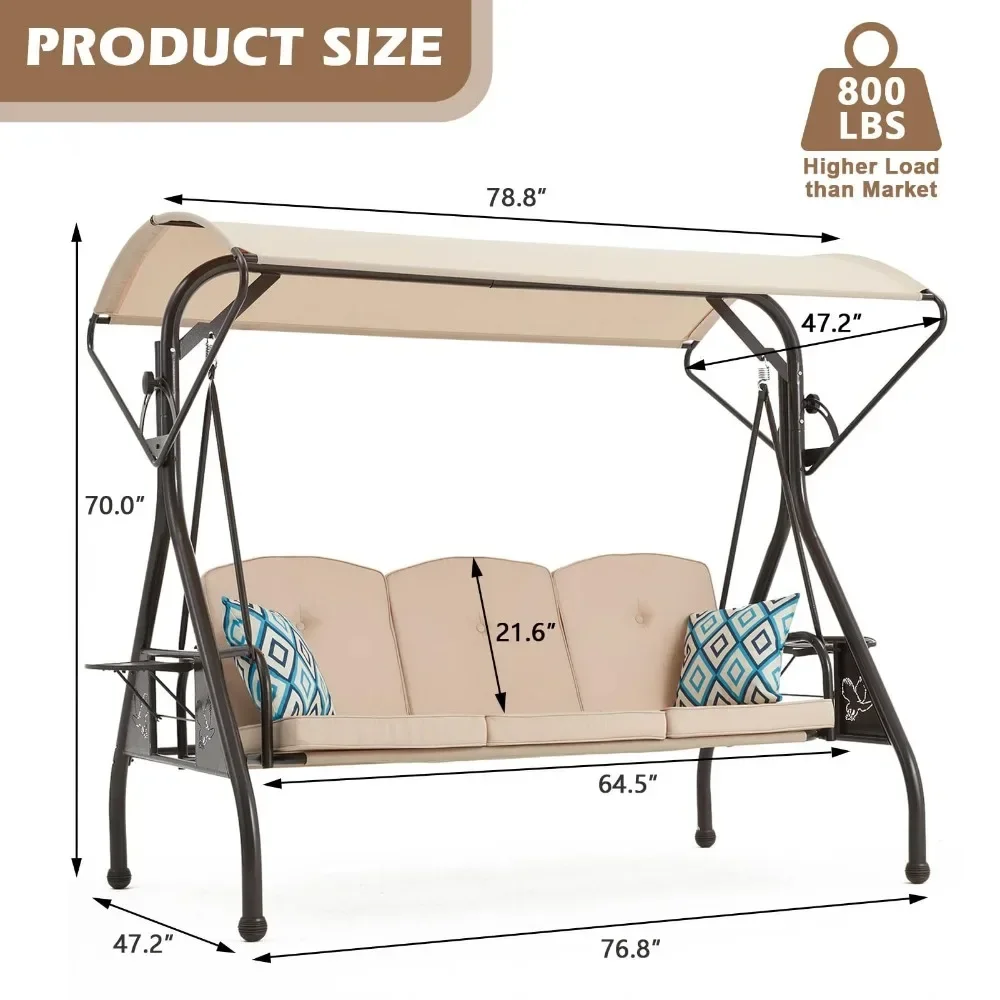 Columpio de 3 asientos para porche al aire libre con soporte, Columpio de Patio 2 en 1 con dosel para adultos, novedad de 2024