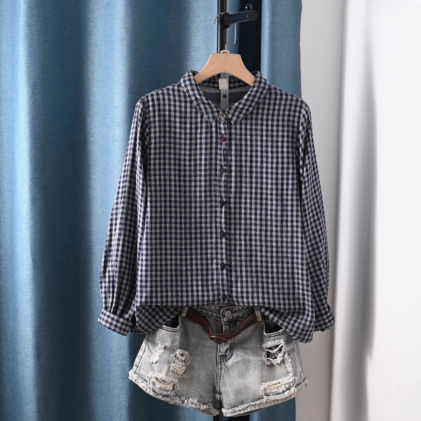 

Enianechu Japanese Clothes 100% Cotton Yarn Women's Plaid Shirts Breathable Soft Casual Long Sleeve Blouses Ladies Clothes
