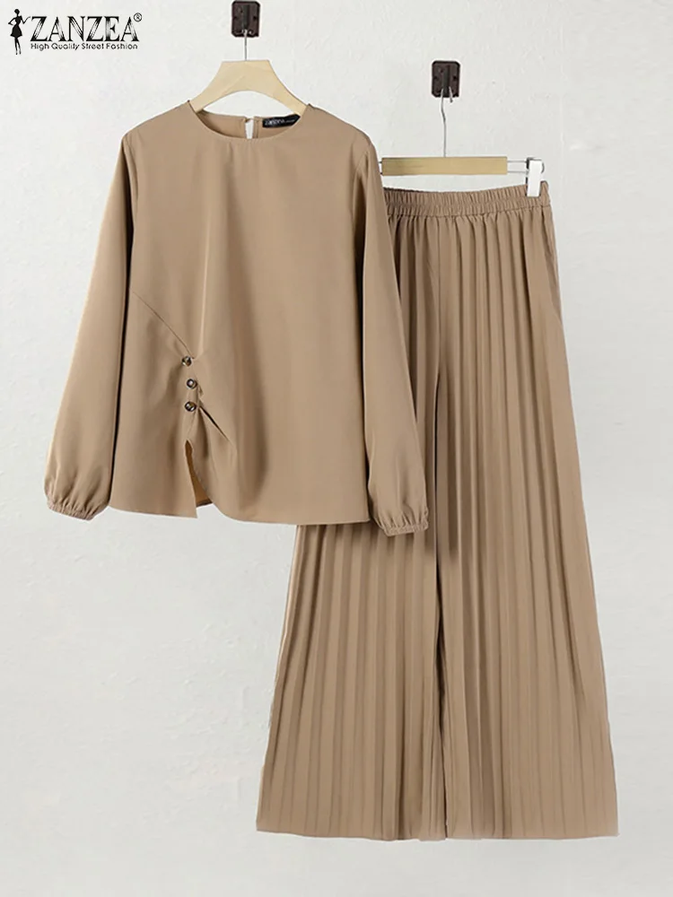 ZANZEA 2025 Spring Pleated Wide Leg Pant 2pcs Outfits Stylish Muslim Islamic Women Casual Pant Sets Long Sleeve Tops Loose Suits