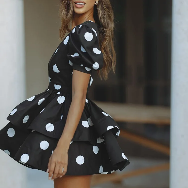 

Printed Sexy Deep V Polka Dot A-word Dress Women's 2026 New Bubble Sleeve Waist Tutu