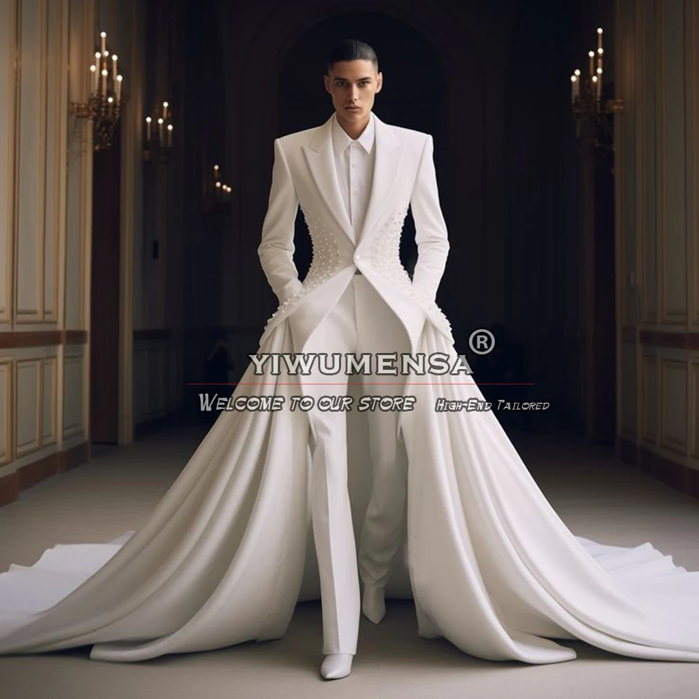 Costumes de mariage Royal pour hommes, veste de perles de luxe, pantalon cape, smokings de marié, blazer de Rhmasculin sur mesure, Terno Masculinos abaissé à