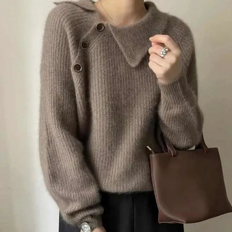 Pullover Female Autumn and Winter Casual Long Sleeve Polo Diagonal Neck Button Knit Shirt Women Loose Sweater Pullover Female