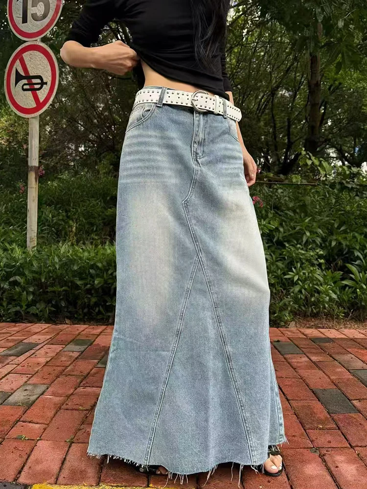 ReddaChic Raw Edge Mermaid Jean Skirt Women Causal Loose Fit Low Waist Slit Irregular Stitch Maxi Denim Skirt Korean Streetwear