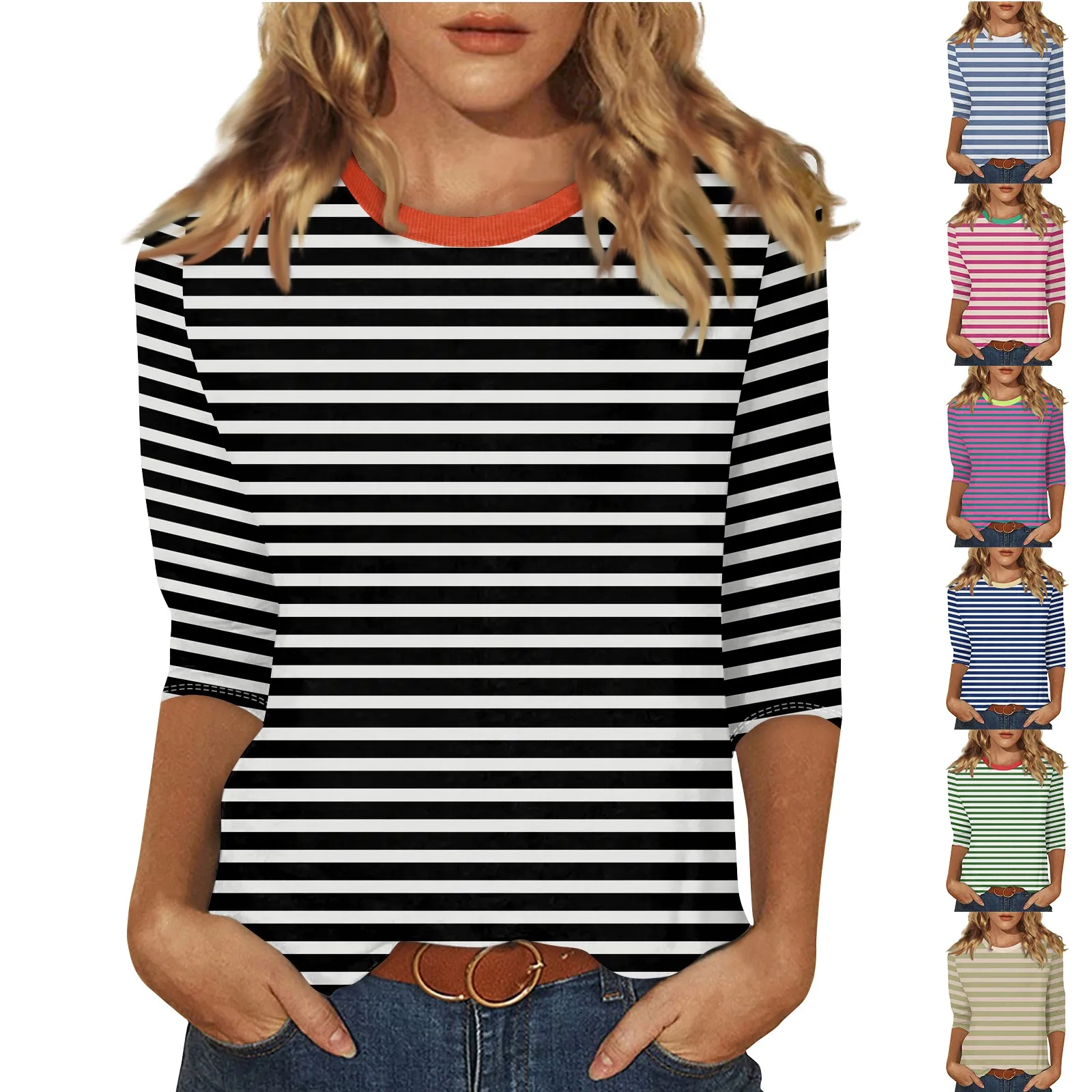 Women's New Button Round Neck Striped 3/4 Sleeve T-Shirt Slim Fit Casual Tops Women's Clothing Sale Items ropa de mujer ofertas