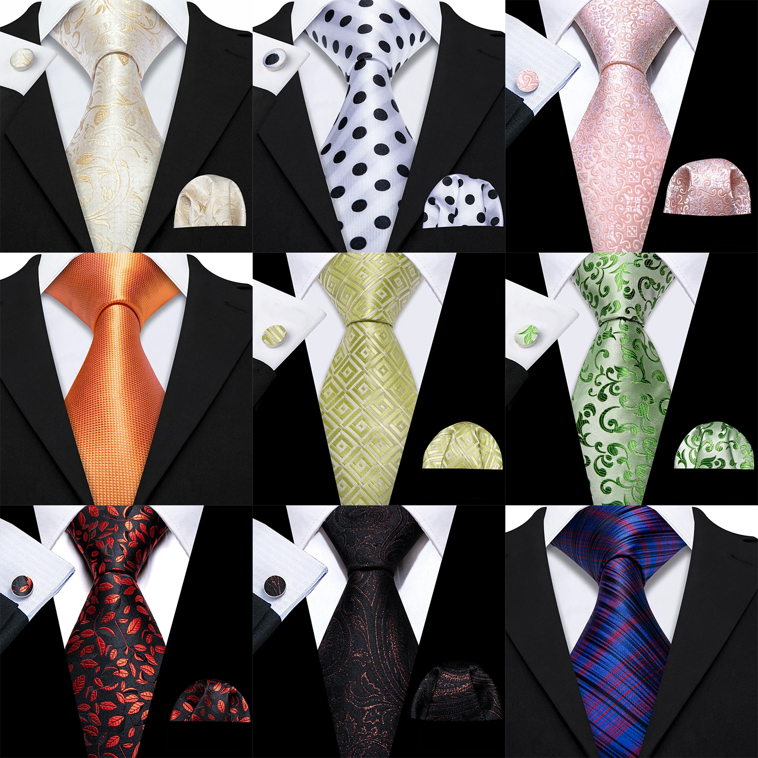 Herren-Krawatte, rosa, blau, grün, cyan, gepunktet, Blumenmuster, Einstecktuch, Manschettenknöpfe, Set, Krawatte, formelle Hochzeit, Dinnerparty