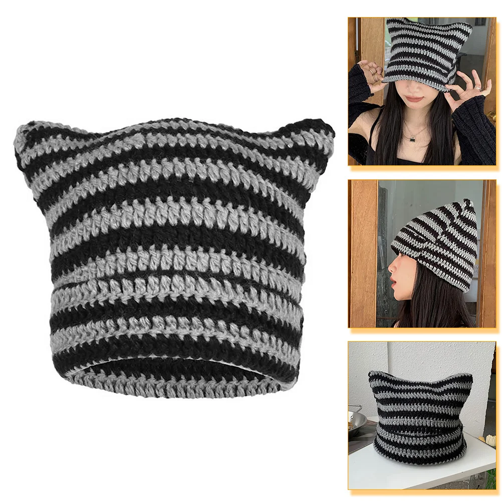 

Winter Warm Beanie Hat Women Trendy Evil Ear Design Knitted Thermal Accessory Outdoor Casual Fashionable Beanie Hat