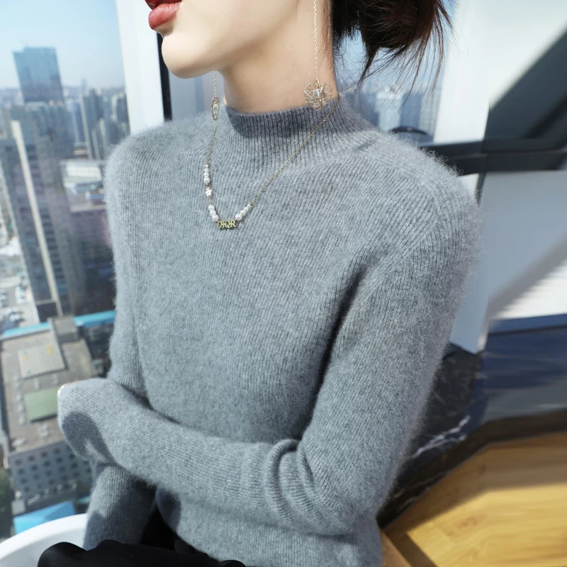 Szary sweter z wysokim koลnierzem Damski top z dลugim rฤkawem z dzianiny Elegancki nowy sweter w paski Jesieล Zima Pullover