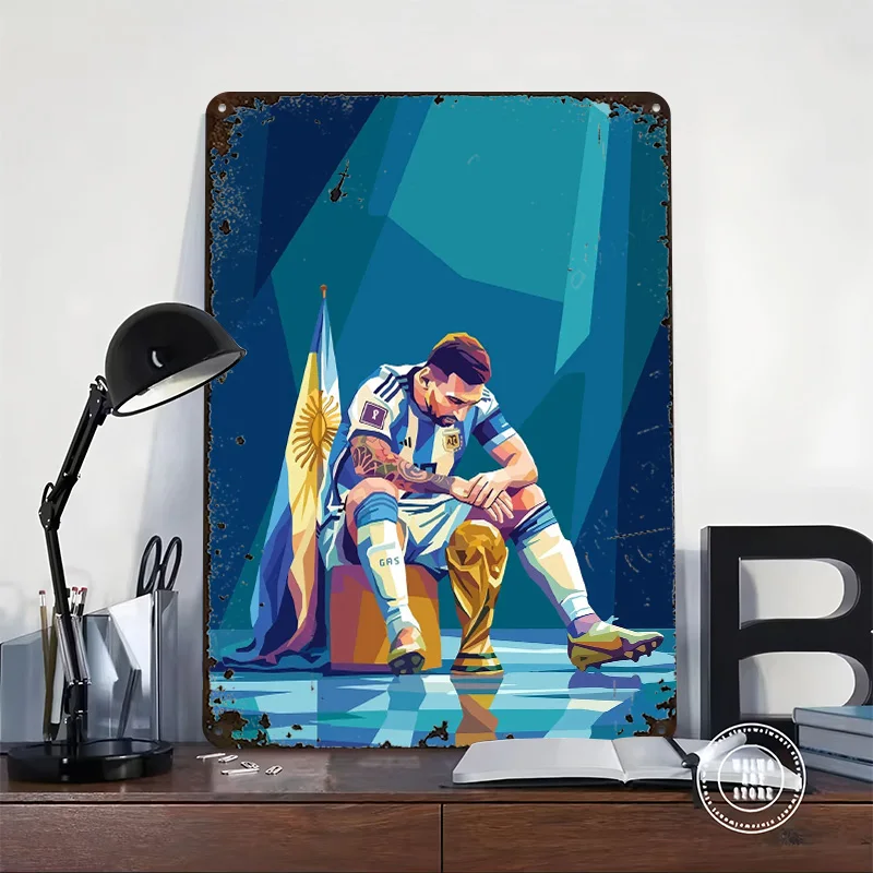 Lionel Messi With Trophy Poster Customized Vintage Metal Signs Wall Art Retro Tin Plaque for Room Decoration Gaming Desk Decor