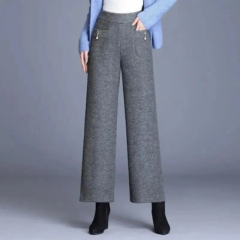 Autumn and Winter Women\'s Solid High Waist Loose Thickening Elastic Pockets Oversized Wide Leg Fashion Office Lady Trousers