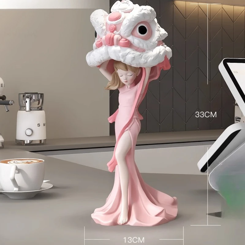 

Chinese Style Girl Statue Ornament TV Stand Guochao Lion Dance Lucky Desktop Gadget Living Room Corridor Home Decoration Gift