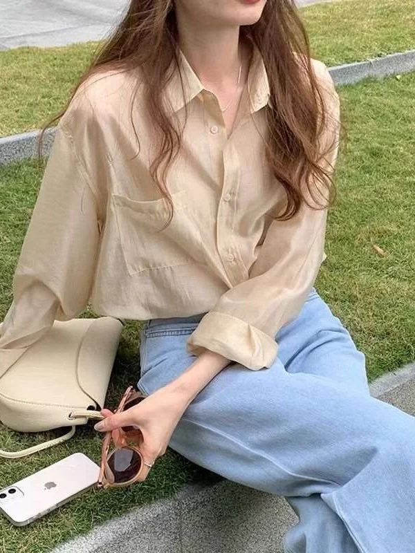 

Summer New Women's Long Sleeve Sunscreen Shirt Thin Micro Polyester Sweet Style Fashionable Casual Pure Color Business Shirt