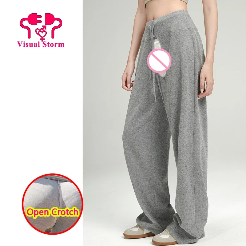 Women Open Crotch Invisible Zipper Leggings Loose Fitting Summer Sexy Pants Wide Leg Pants Outdoor Crotchless Clubwear Sport