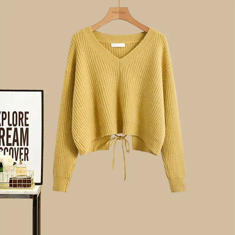 Large Women's Autumn and Winter Set 2023 New Simple Knitted Sweater Sling Waist Dress Two Piece Set Fashion