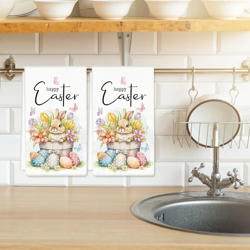 2Pcs, Easter Flower Bucket Bunny Kitchen Towels, 40Cm*60Cm Towel Set, Super Absorbent Soft Cleaning Cloth, Cooking and Baking Tea Towels, Tea Towels, Hand Towels, Cleaning Cloths, Dishcloths, Kitchen Decoration, Living Room Decorations, Kitchen Essentials, Home Essentials