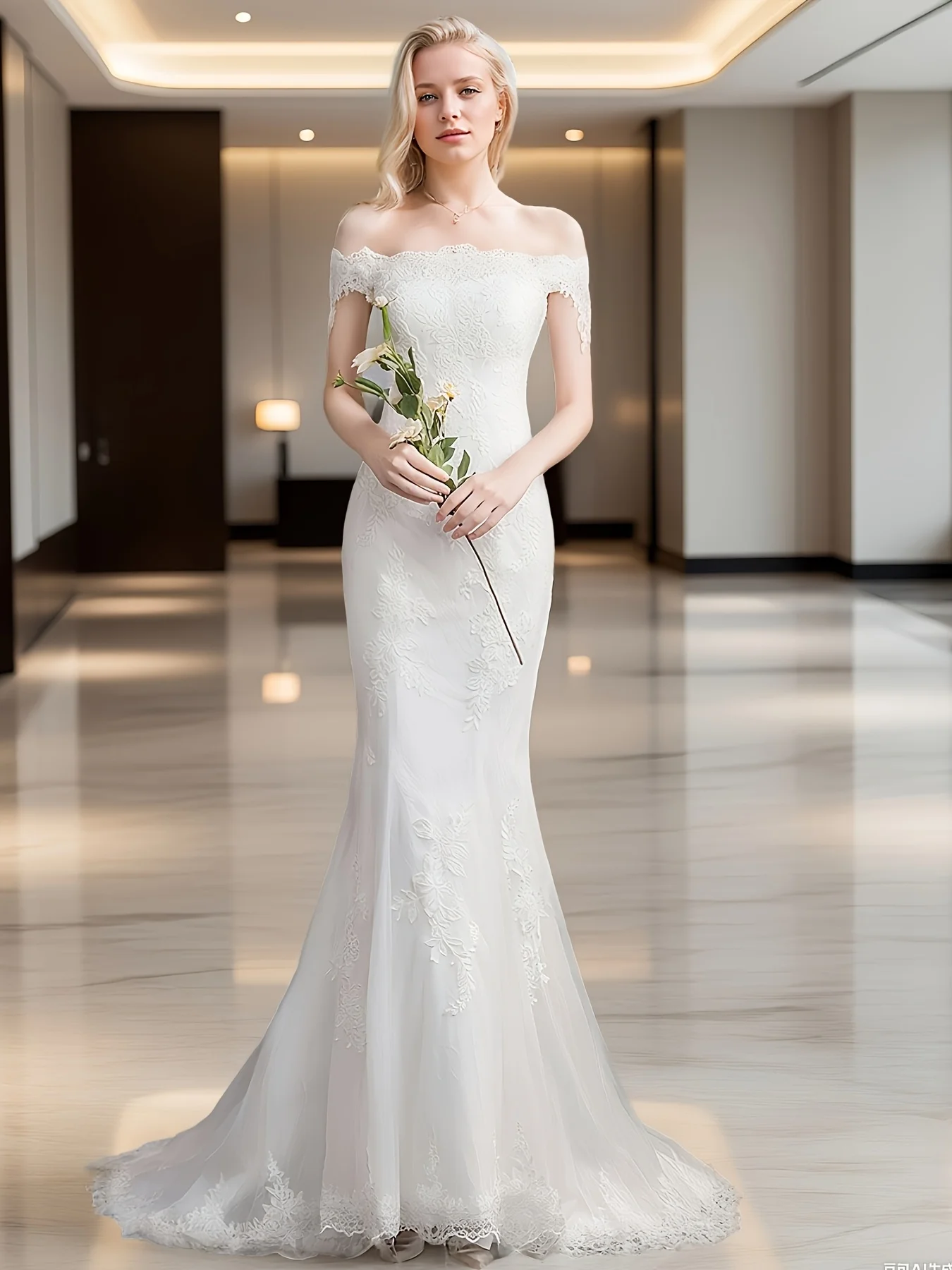 

Elegant Off - Shoulder Wedding Dress, Women's White Lace Mermaid Gown with Sheer Short Sleeves for Romantic Bridal Party