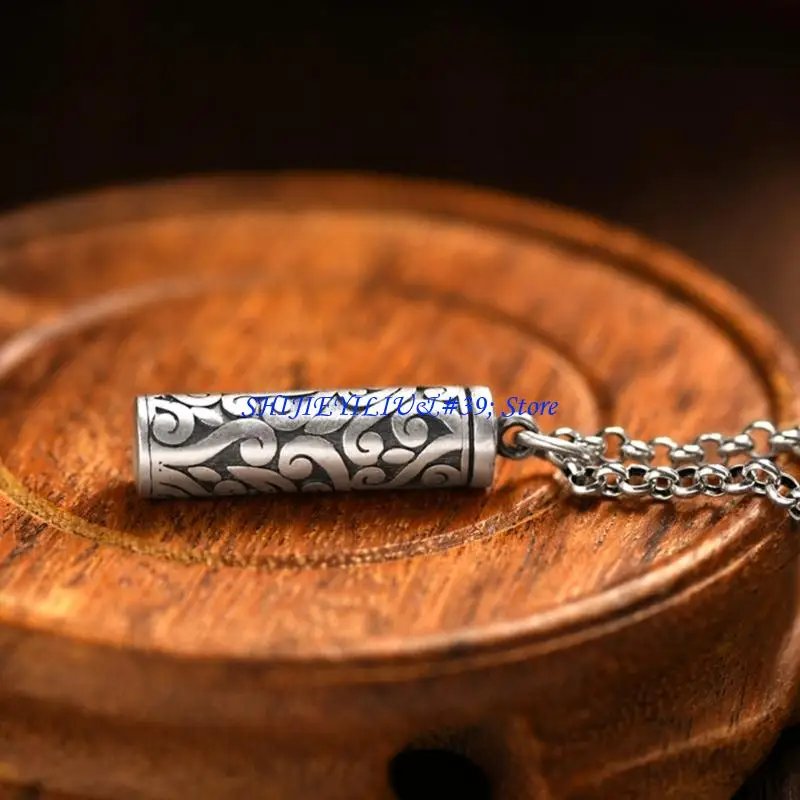 E21F Copper Hollow Amulet Pendant Necklace Scroll Storage Leather Strap Neckchain