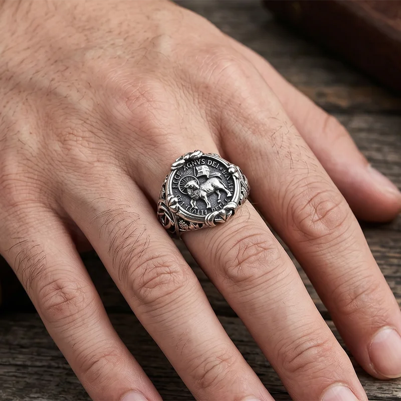 Buy 4 Get 1 Free Silver Rings inscribed Agnus Dei the lamb symbol engraves the core of redemption through Christ's sacrifice