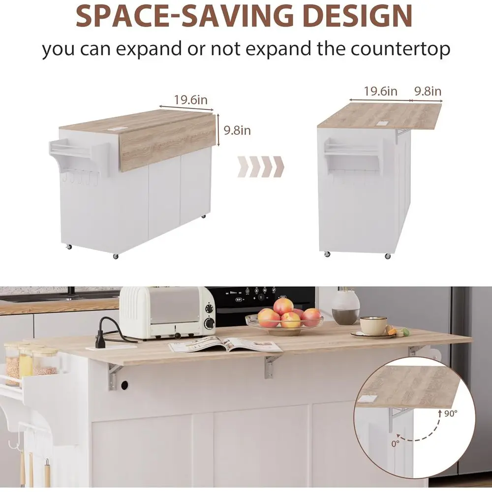 جزيرة مطبخ بعجلات مع أوراق متدلية، مخرج طاقة، تخزين، سلة مهملات، أدراج، رفوف توابل ومنشفة - أبيض