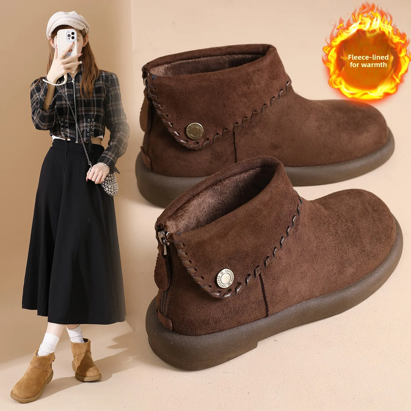 

Зимние новые стильные женские короткие ботинки на флисовой подкладке, противоскользящие и износостойкие зимние ботинки, теплые и универсальные ботильоны