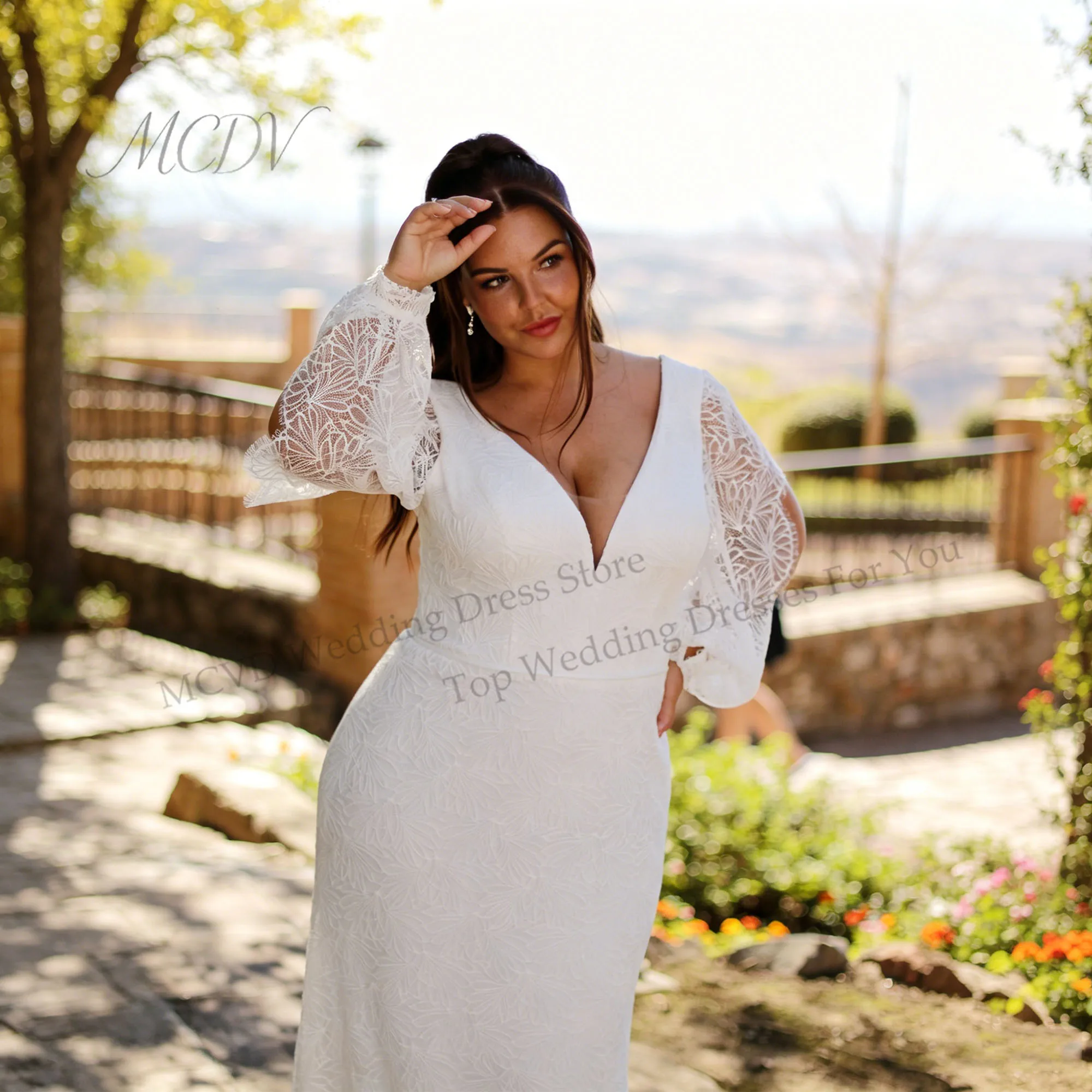 Lace Mermaid Wedding Dress Plus Size Women Detachable Long Sleeve Elegant Bridal Gown with Corset Back and Train Customized
