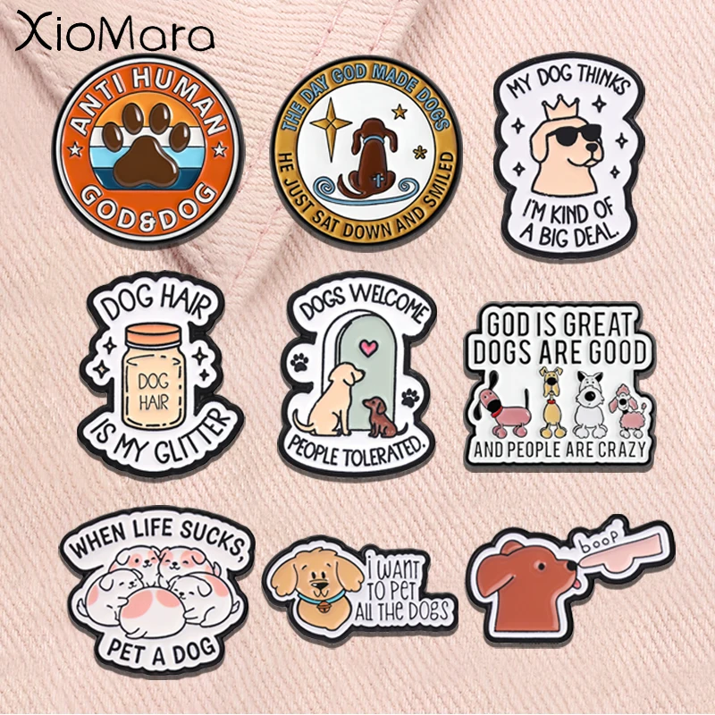 Dogs Welcome People Tolerated Enamel Pins Dog Hair is My Glitte Cartoon Puppy Animal Brooches Lapel Badge Jewelry Gifts