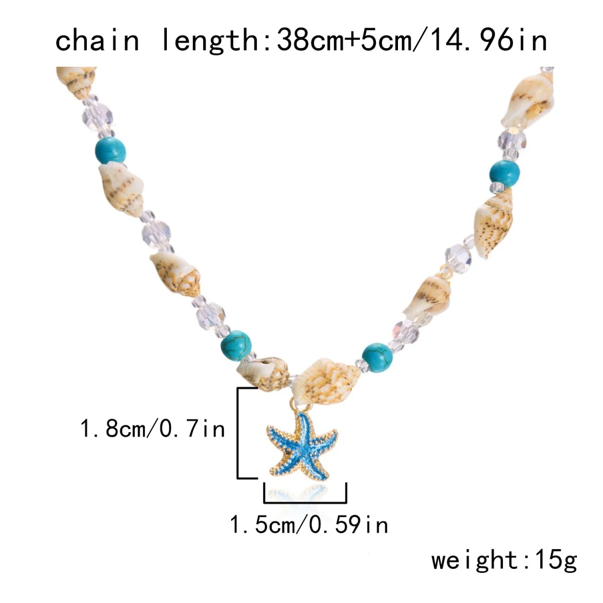 Metall-Seestern-Muschel-Anhänger-Halskette für Damen und Herren, Kristall-Reisperlen-Choker, Bohemian-Strandurlaub, Sommerparty-Schmuck – Detail 38