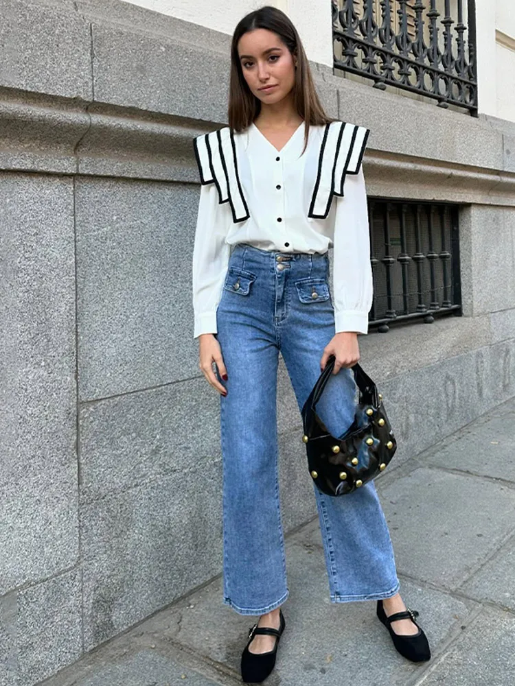 Vintage Patchwork Shoulder Pads Women Blouse 2025 New Long Sleeve Single Breasted Loose Shirts Spring Lady Elegant Office Tops