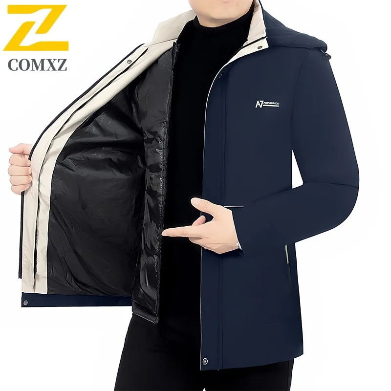 COMXZ2025 Men Winter Puffer Jacket Detachable Business Waterproof Hood Fleece Lined Casual Outdoor Sport Windproof Workwear Coat