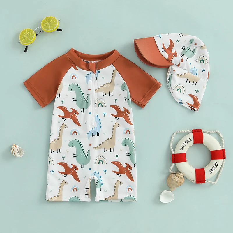 

Toddler Boy 2 Pieces Swimsuit Dinosaur Pattern Short Sleeve Half Zipper Non-Pilling Rash Guard Swimwear Sunhat Set