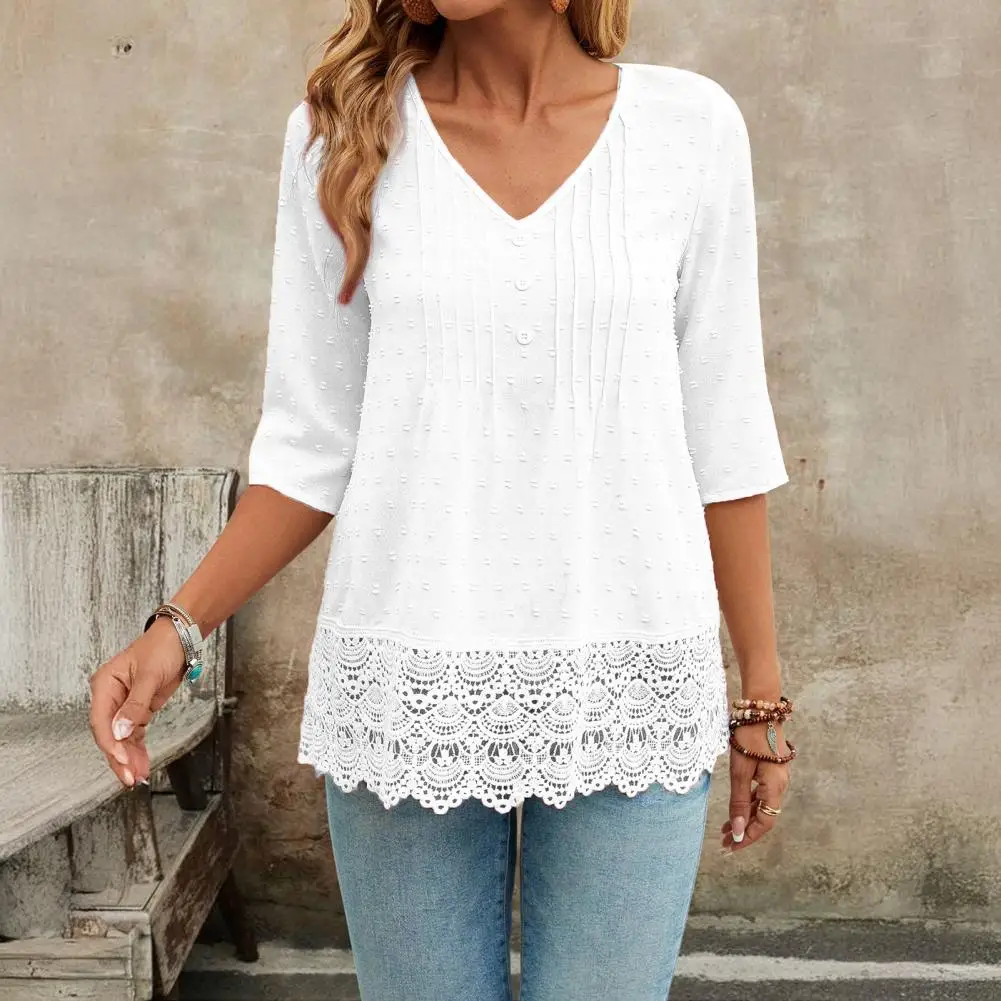 

Women Shirt V-Neck 3/4 Sleeve Casual Shirt with Lace Hollow Spliced Hem Jacquard Decor Solid Color Breathable Tops