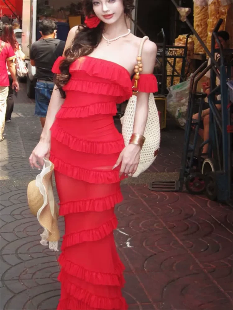 

Sexy Women Summer Vacation Red Strapless Long Dress New 2025 Fashion Seaside Irregular Ruffles Slash Neck Bodycon Slim Dress