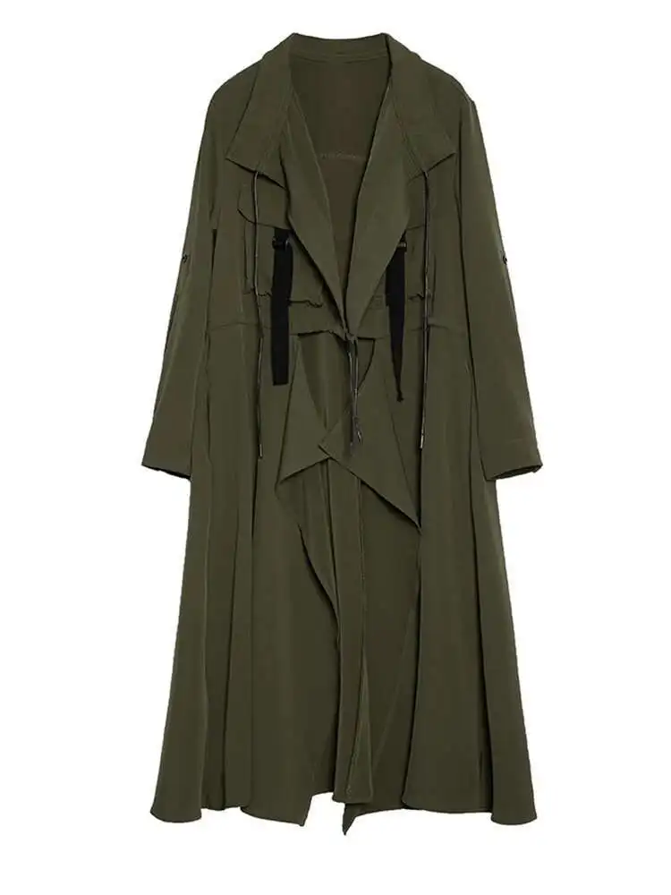 여성 육군 녹색 포켓 붕대 빅 사이즈 트렌치 뉴 옷깃 긴 소매 윈드 브레이커 패션 조수 봄 가을