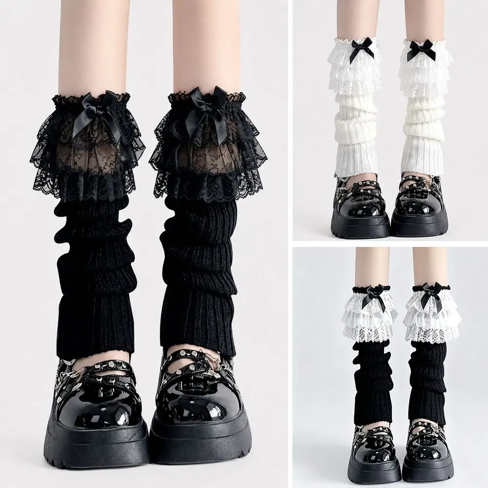 New Ruffled Bow Lace Leg Warmers Tiered Lace Trim Knitted Leg Warmers Sweet Gothic Style Foot Warmer Girls Women