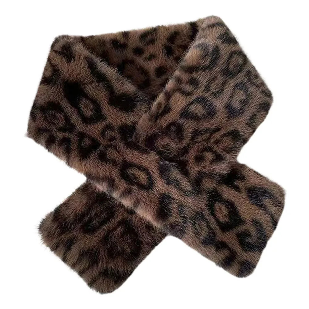 Cute Thicken Warm Leopard Print Scarf Soft Windproof Scarf Faux Rabbit Fur Faux Collar Winter Scarf Neck Wrap