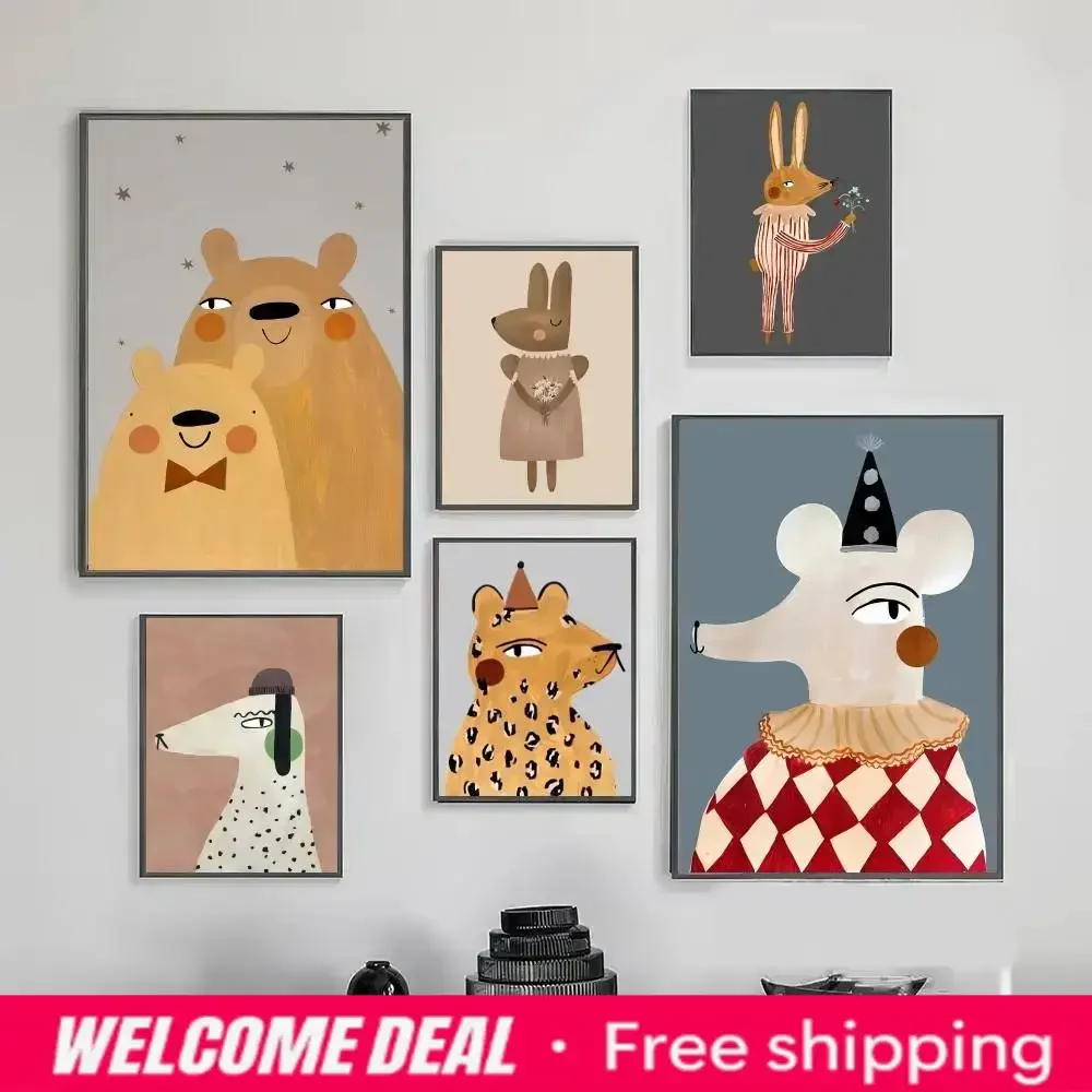 Leopard Rabbit Bear Tiger Mouse Rainbow Funny Canvas Posters HD Quality Wall Art Retro Posters For Home Room Decor