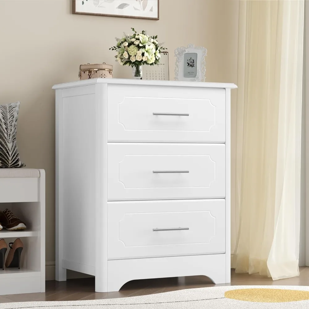 Drawer bedroom modern white dressing table, high bedside table with 3 deep drawers, living room side table, hallway, home office