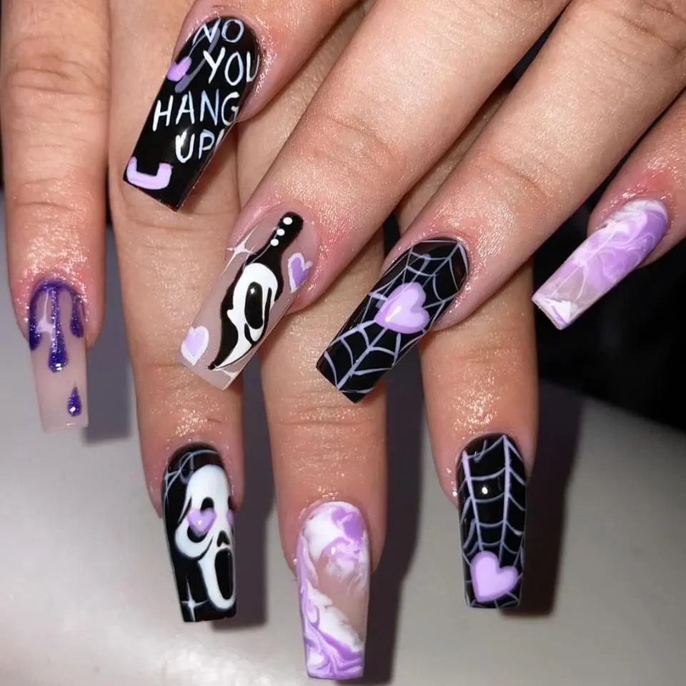 Uñas postizas largas de ballet para Halloween 2025, diseño de novia zombie, fantasma, calabaza, uñas falsas reutilizables 3