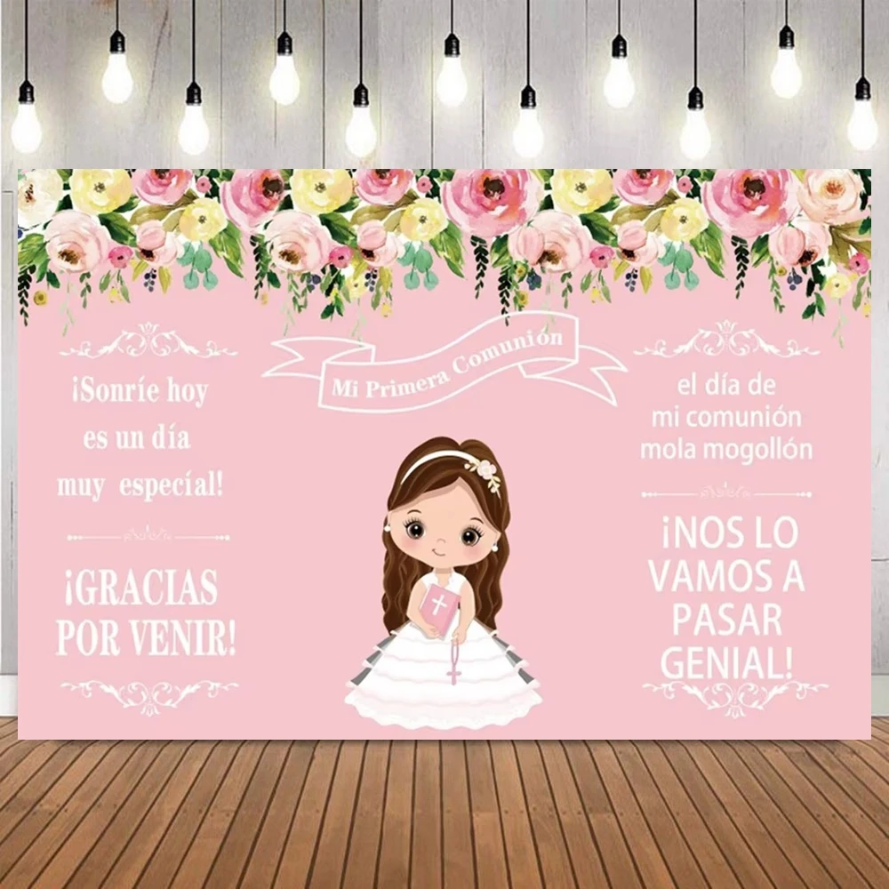 Cute Cartoon Floral Cross God Bless Photo Backdrop First Communion Baptism Baby Shower Party Home Decor Photography Background